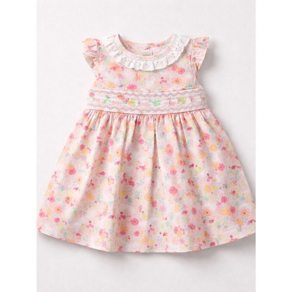 Bonnie Jean Pink rabbit floral print smocked embroidered dress
